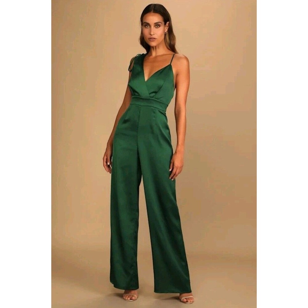 Lulus Look of Luxe Emerald Green Satin Feel Asymmetrical Wide-Leg Jumpsuit XL